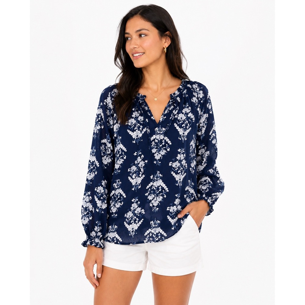 J.Crew Navy Floral Cotton Ruffle Neck Blouse XS BF824 NWT